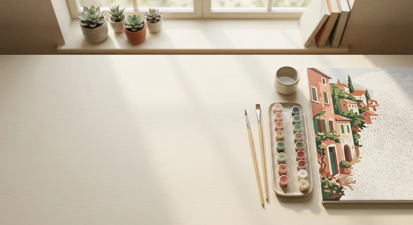 Paint-by-numbers village canvas with warm terracotta paint pots and wooden brushes